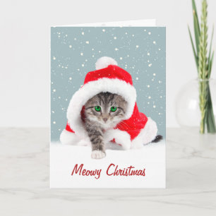 Carte Kitten In Christmas Santa Hat and Snowflakes