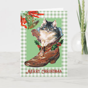 Carte Kitts de Noël Vintage Moderne en Boot Sage Plaid