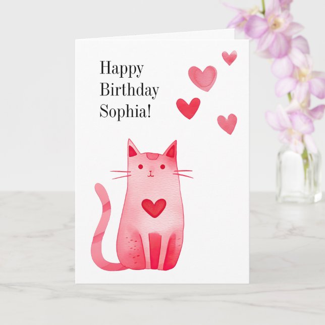 Carte Kitty Chat à coeurs roses Anniversaire (Orchidée)