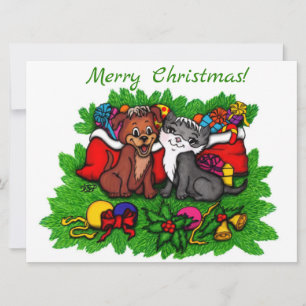 Carte Kitty et chiot, Happy XMas