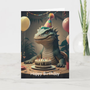 Carte Komodo Dragon assis à table avec un gâteau d'anniv