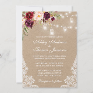 Carte Kraft Bourgogne Floral Lace Lights Mariage Invitat
