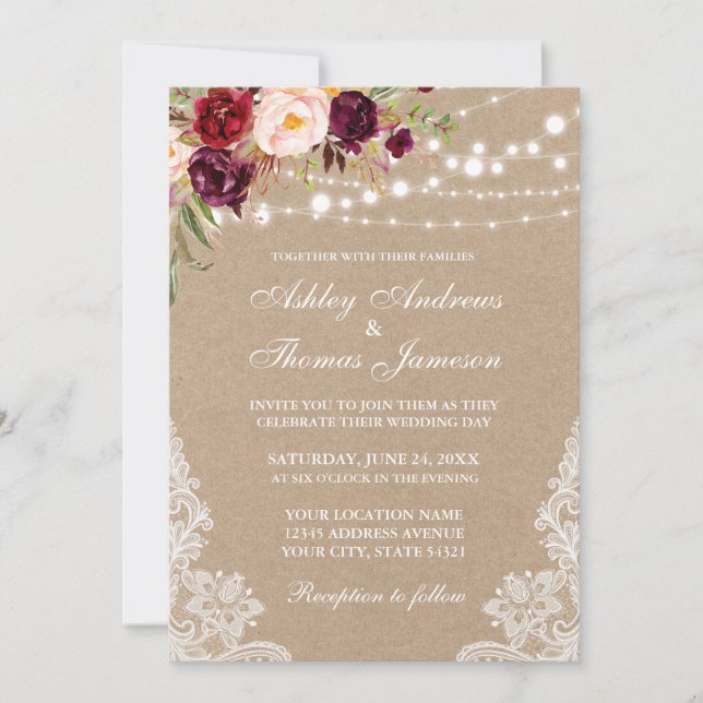 Carte Kraft Burgundy Lumières Florales Lace Mariage Invi (Devant)