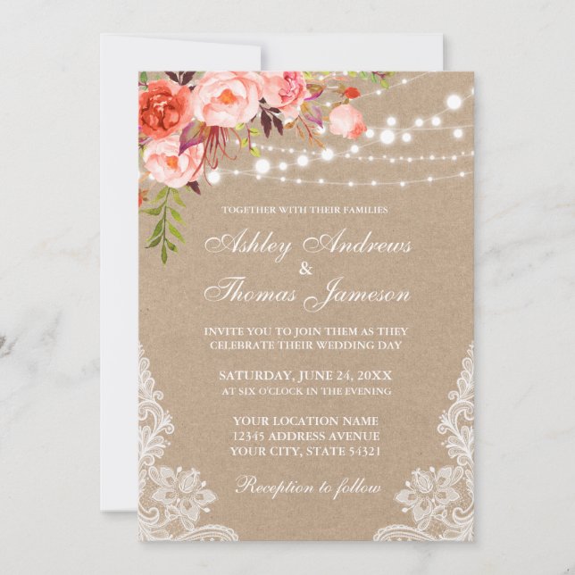 Carte Kraft Coral Floral Lumières Dentelles Inviter (Devant)