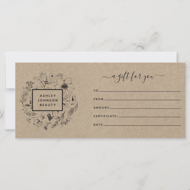 Carte Kraft Papier moderne certificat cadeau botanique (Devant)