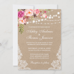 Carte Kraft Pink Blush Lumières Florales Lace Mariage In