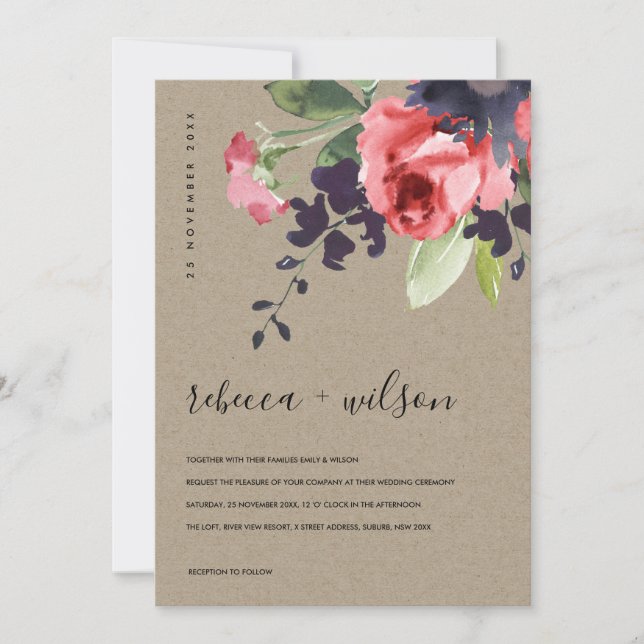 CARTE KRAFT RED ROSES PEONY EUCALYPTUS MARIAGE FLORAL (Devant)