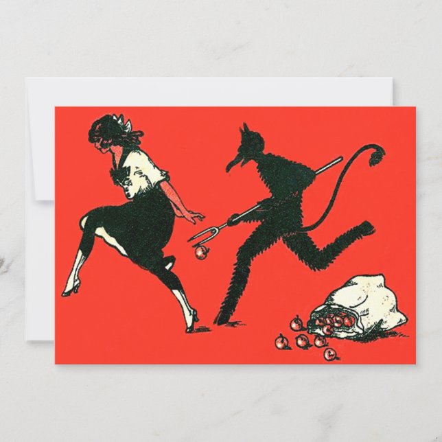 Carte Krampus rouge poursuivant une femme avec des pomme (Devant)