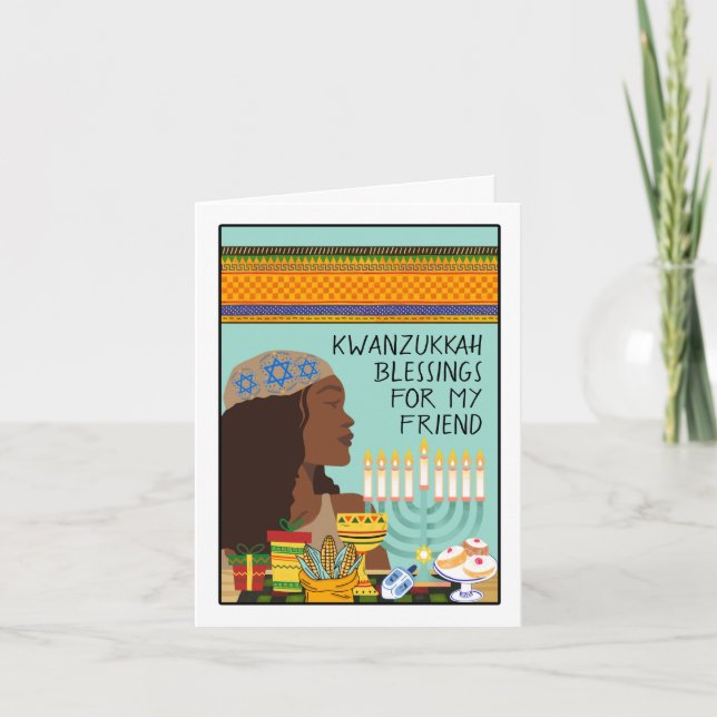 Carte Kwanzukkah pour ami avec Menorah Symboles Cadeaux (Devant)