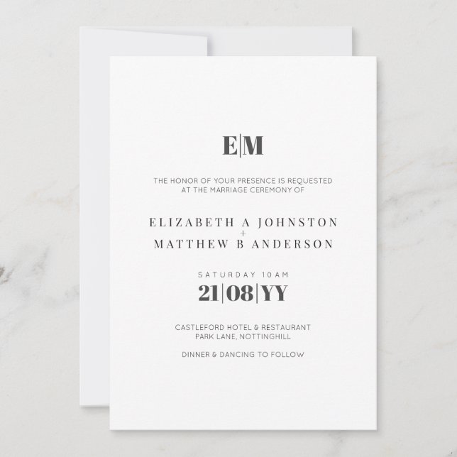 Carte La typographie du budget Noir Blanc Mariage Invite (Devant)