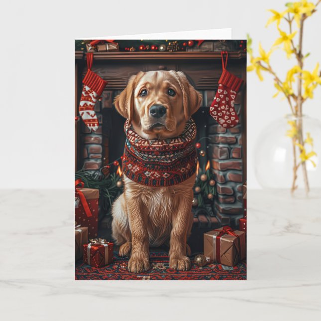 Carte Labrador Chien avec des cadeaux de Noël cheminée (Fleur jaune)