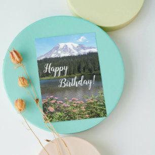 Carte Lac Rainier et Fleurs Photo Anniversaire
