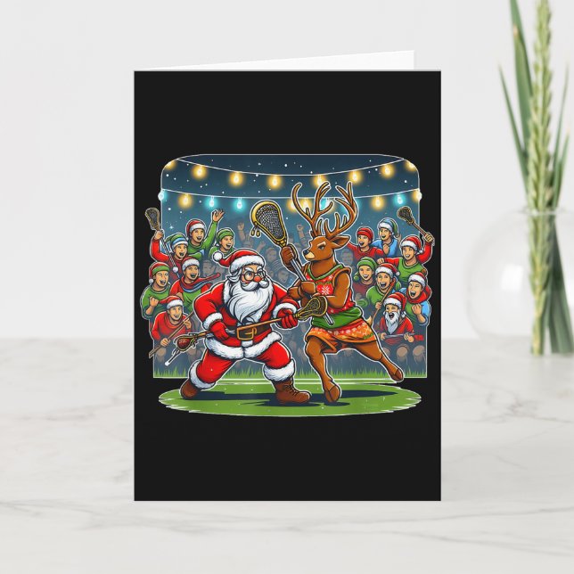 Carte Lacrosse Player Christmas Santa Reindeer Playing L (Devant)