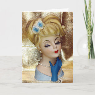 Carte Lady Head Vase Cheveux Fleur Gants Bleus Fancy