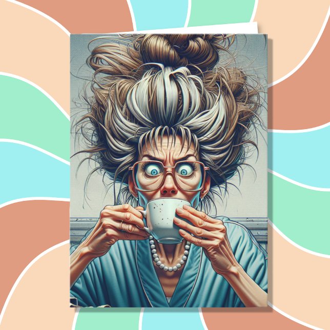 Carte Lady Hilariée avec un petit pain et un café Messy (Créateur téléchargé)