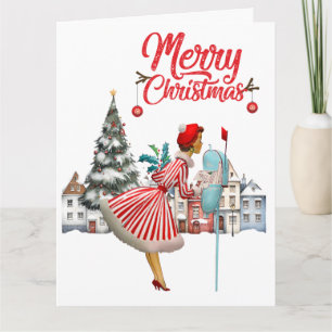 Carte Lady vintage 1950 envoyant des vœux de Noël