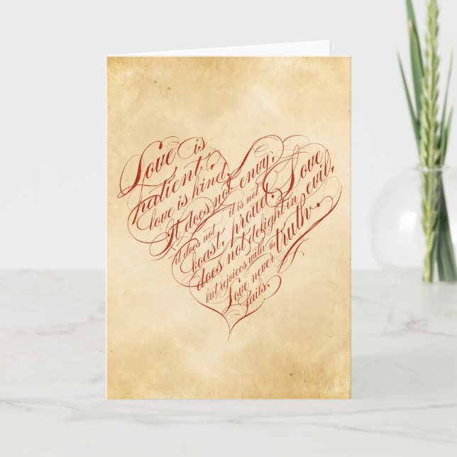 Carte L'amour est patient... Coeur calligraphique rouge (Devant)