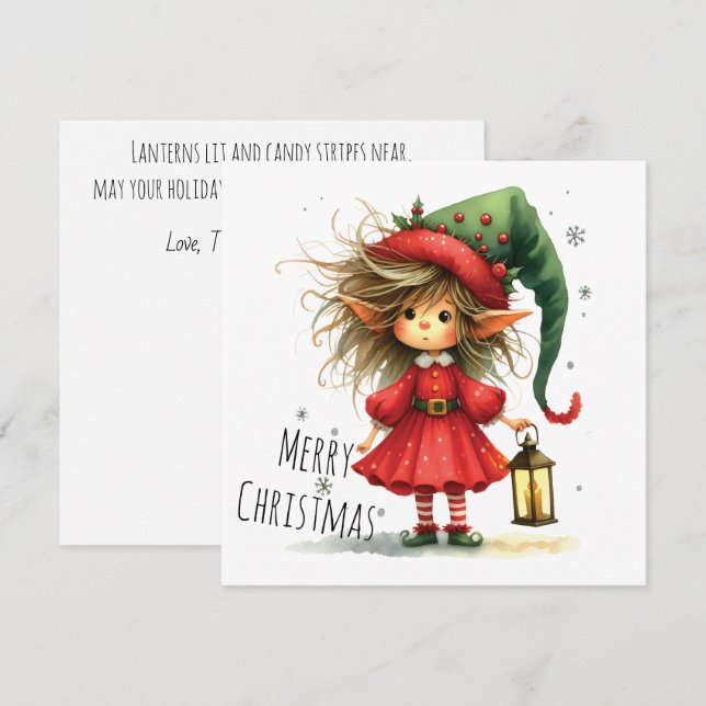 Carte Lantern Elf – Whimsical Christmas Holiday Card (Devant / Derrière)