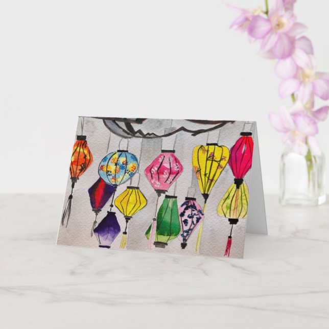 Carte lanternes chinoises aquarelle art (Orchidée)