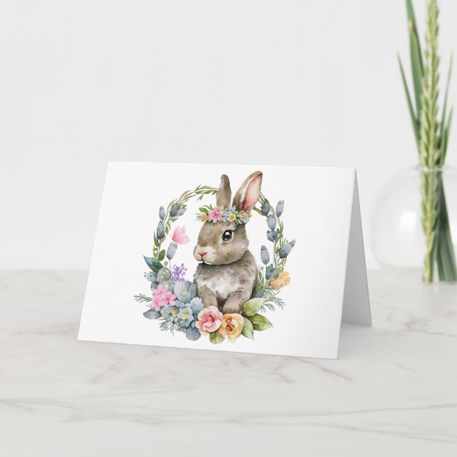 Carte Lapin à l'aquarelle avec couronne de fleurs  (Devant)