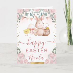 Carte Lapin à l'aquarelle et fleurs Joyeuses Pâques