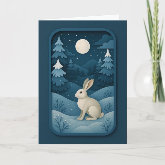 Carte Lapin au clair de lune dans la forêt enneigée Cart (Devant)