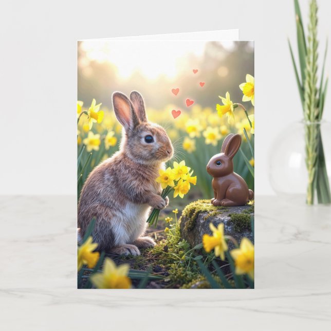 Carte Lapin avec jonquilles pour lapin de Pâques en choc (Devant)