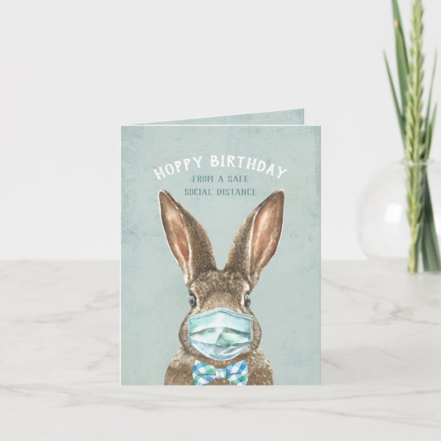 Carte Lapin avec Masque Distances sociales Joyeux annive (Devant)