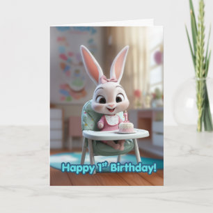 Carte Lapin bébé souriant dans une chaise haute avec gât