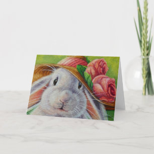 Carte Lapin blanc en bonnet de printemps, aquarelle