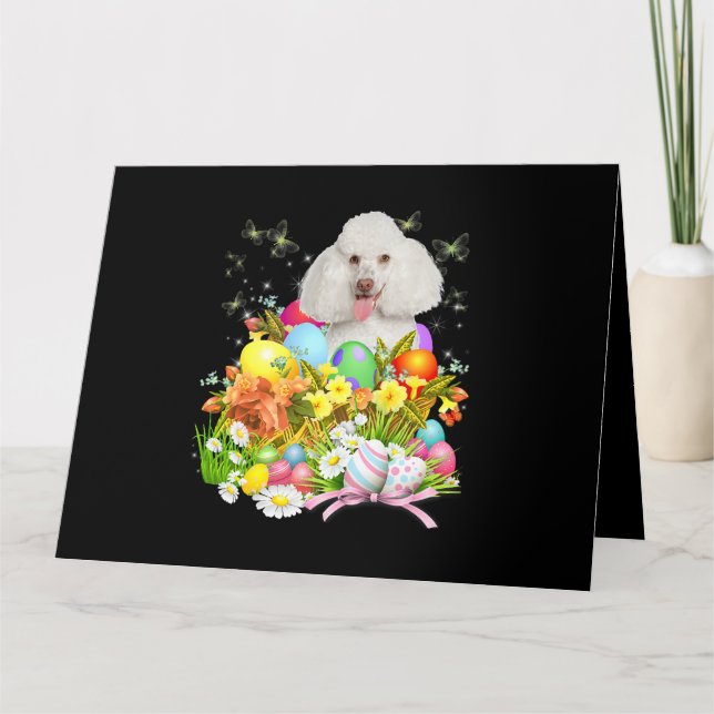 Carte Lapin Caniche Blanc avec Panier d'Oeufs de Pâques  (Devant)