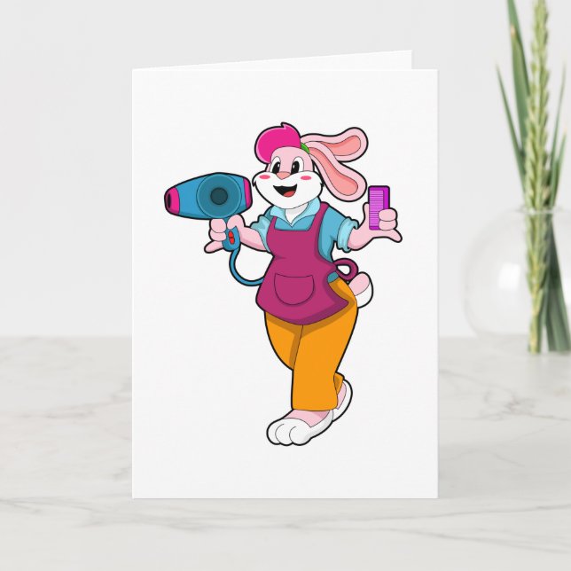 Carte Lapin coiffeur avec sèche-cheveux et peigne (Devant)
