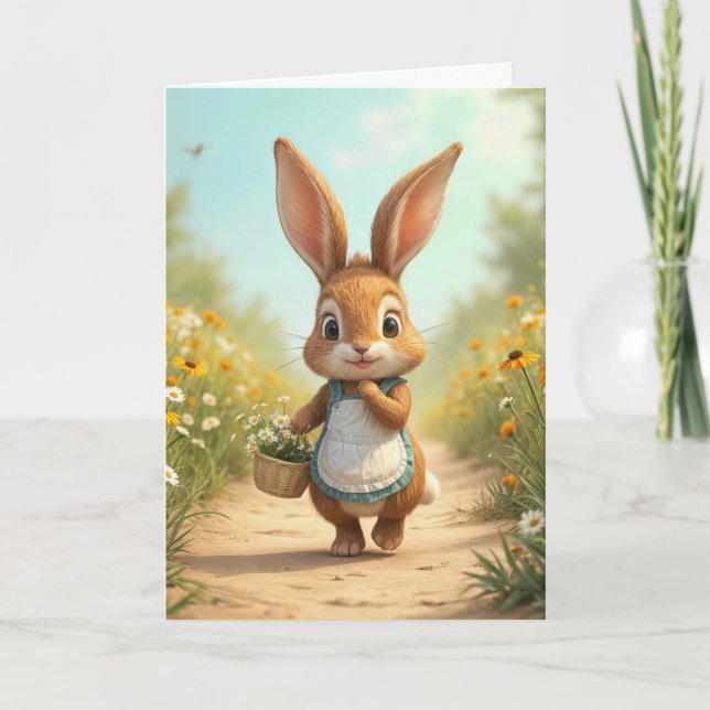 Carte Lapin D'Anniversaire Avec Panier De Marguerite (Devant)