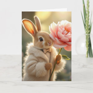 Carte Lapin d'anniversaire en fourrure avec pivoine rose