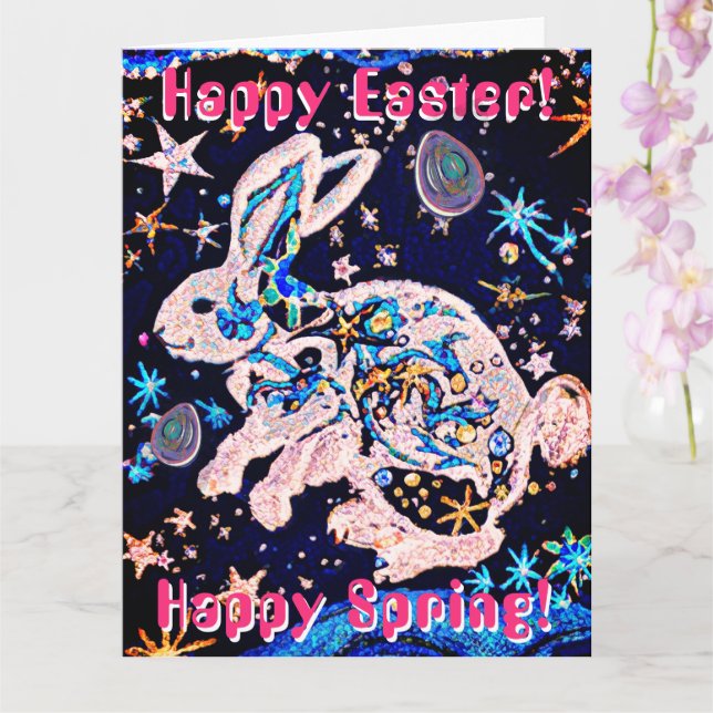 Carte Lapin dans le ciel avec des étoiles et des œufs (Orchidée)