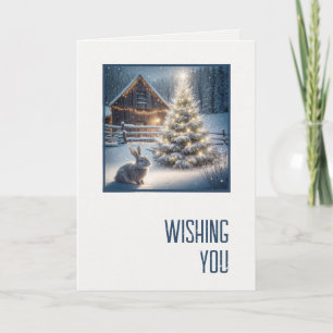 Carte Lapin de Noël avec arbre lumineux et grange