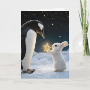 Carte Lapin de Noël et manchot avec étoile néon