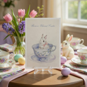 Carte Lapin de Pâques à l'aquarelle dans une tasse pliée