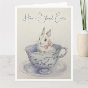 Carte Lapin de Pâques à l'aquarelle dans une tasse pliée