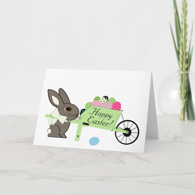 Carte Lapin de Pâques avec brouette d'oeufs salutation (Devant)