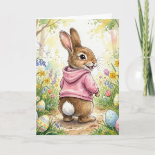 Carte Lapin de Pâques dans un jardin printanier
