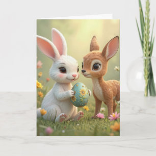 Carte Lapin de Pâques et faon dans les fleurs sauvages