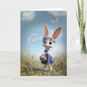 Carte Lapin de Pâques heureux avec couronne de fleurs et