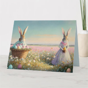 Carte Lapin de Pâques vintage dans un champ de fleurs sa