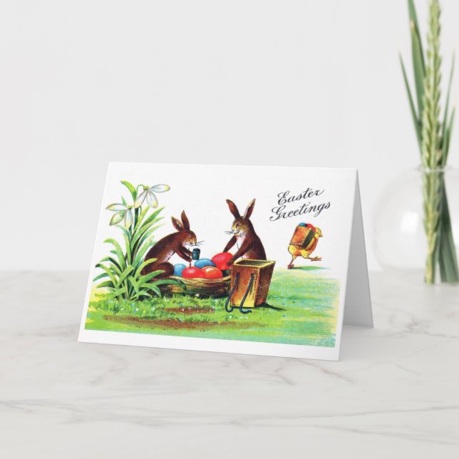 Carte Lapin de Pâques vintage et poussin (Devant)