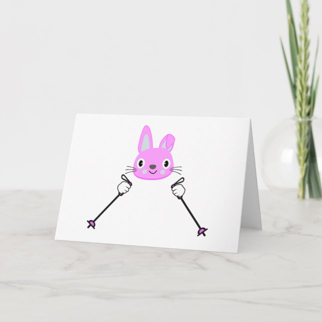 Carte Lapin de ski avec bâtons de ski (Devant)