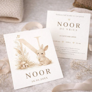 Carte Lapin de Woodland Monogramme N Neutre Naissance