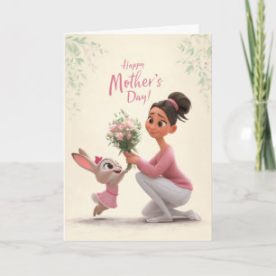 Carte Lapin en rose offrant des fleurs pour la fête des