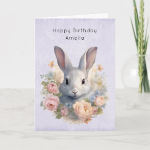 Carte Lapin Entouré de Fleurs Pastel Doux Anniversaire