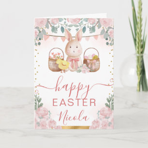 Carte Lapin et fleurs à l'aquarelle Joyeuses Pâques